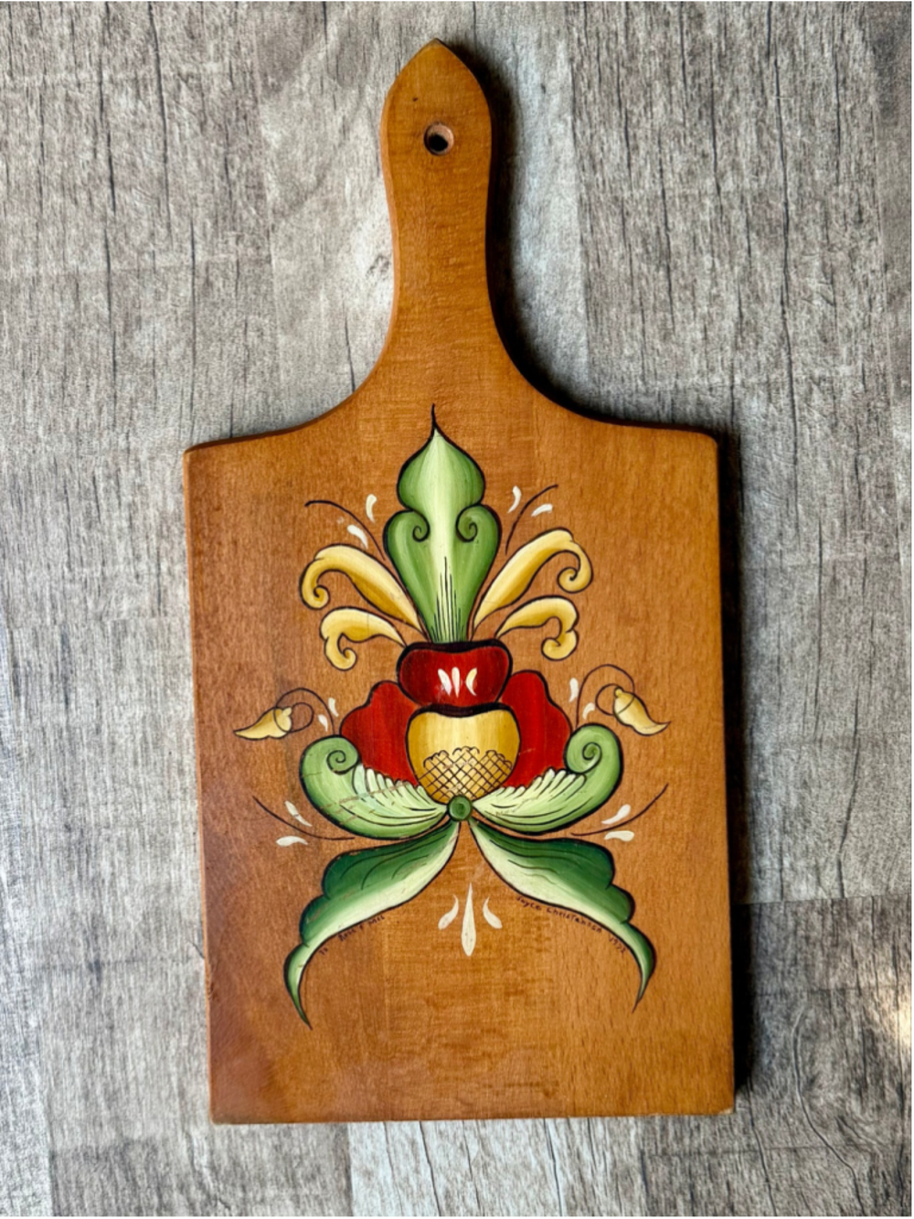 Vintage Hand Painted Rosemaling Wooden Cutting Board Signed 1972 Yugoslavia